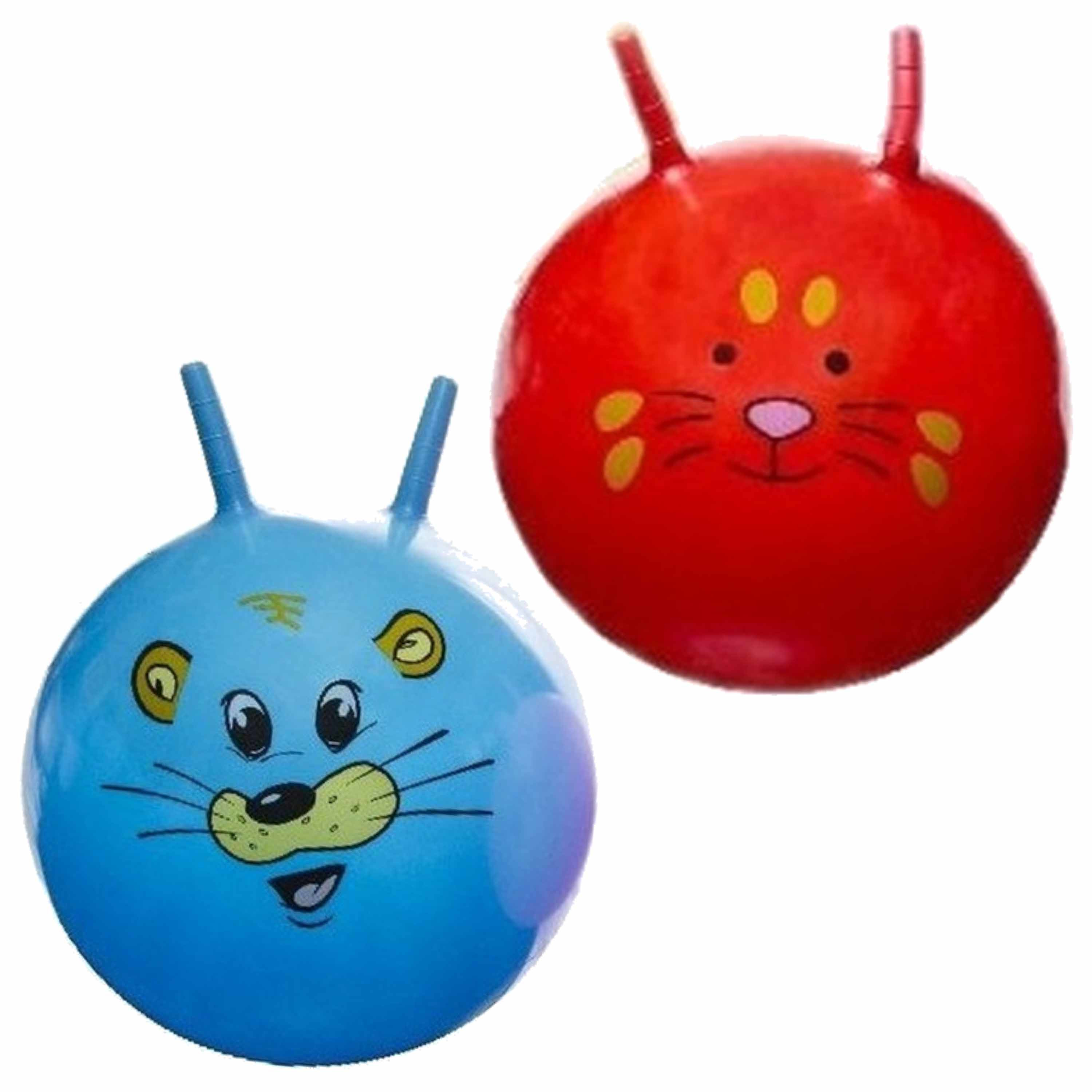 2x stuks speelgoed Skippyballen met dieren gezicht rood en blauw 46 cm