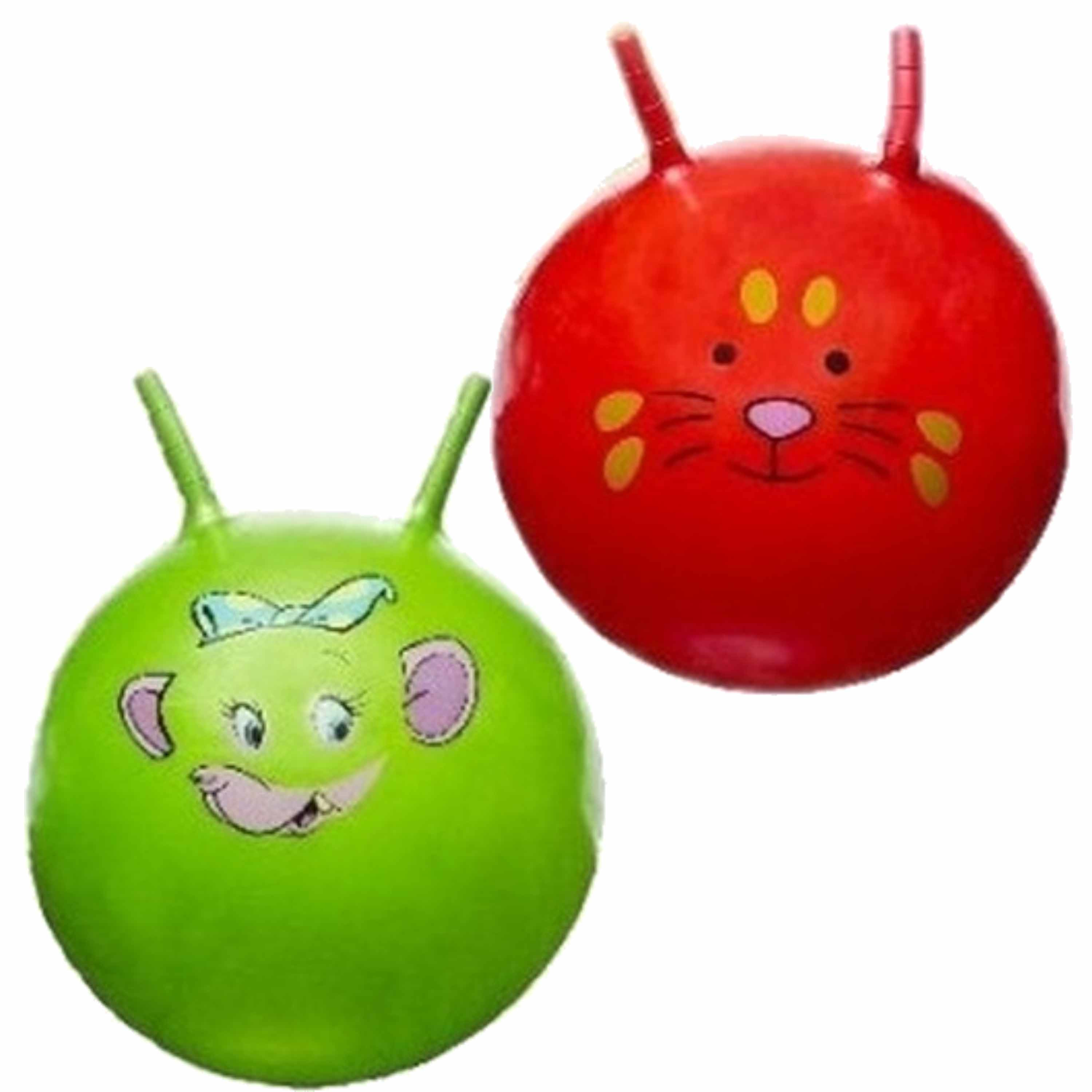 2x stuks speelgoed Skippyballen met dieren gezicht rood en groen 46 cm