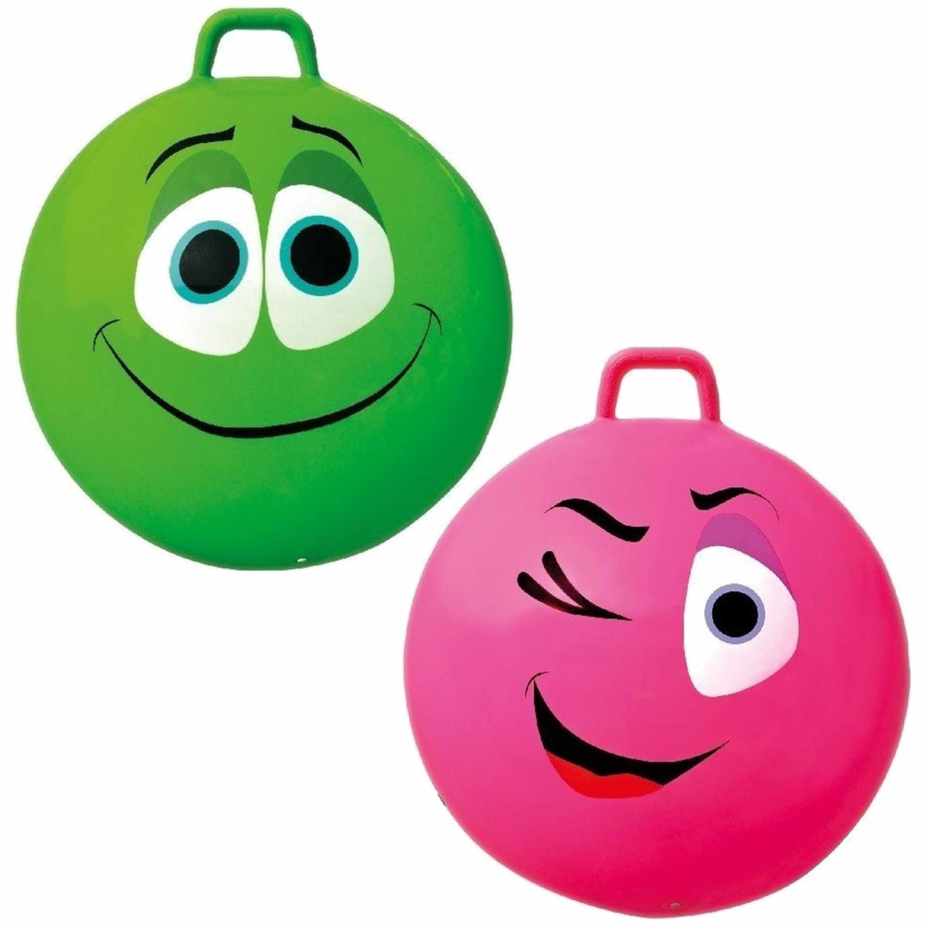 2x stuks speelgoed Skippyballen met funny faces gezicht groen en roze 65 cm