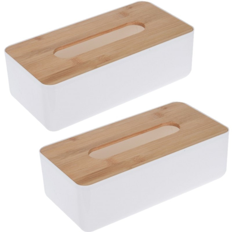 2x stuks tissuedoos-tissuebox rechthoekig van kunststof met bovenkant van bamboe hout 26 x 13 cm wit