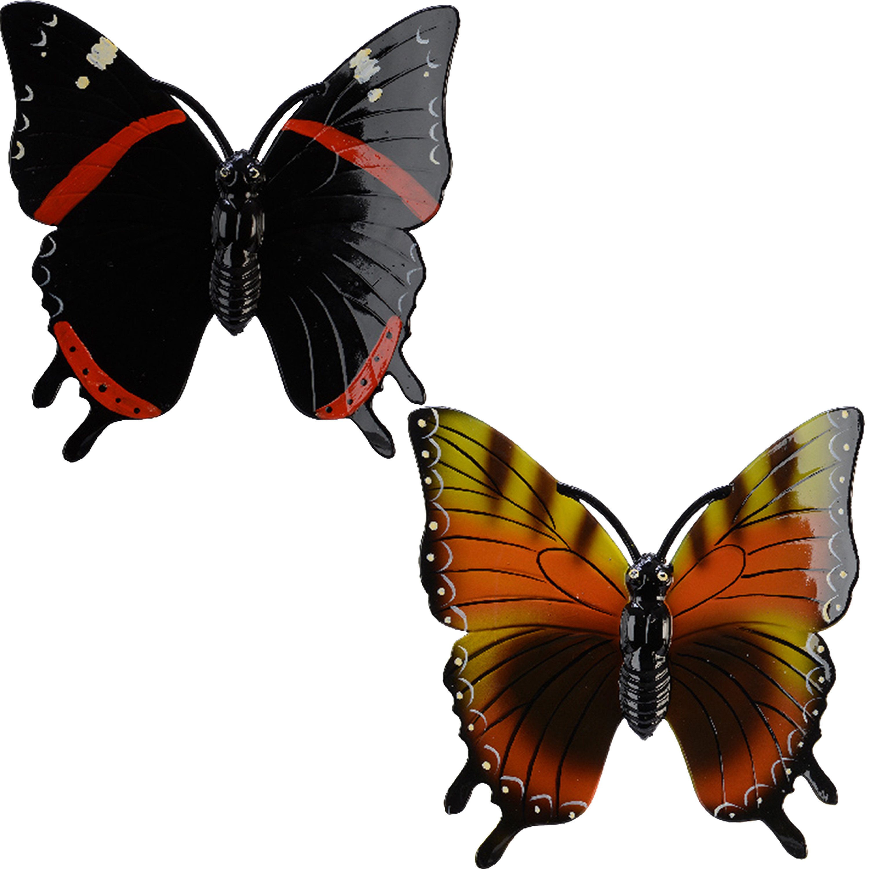 2x stuks tuin decoratie vlinders kunststof oranje zwart 24 x 24 cm
