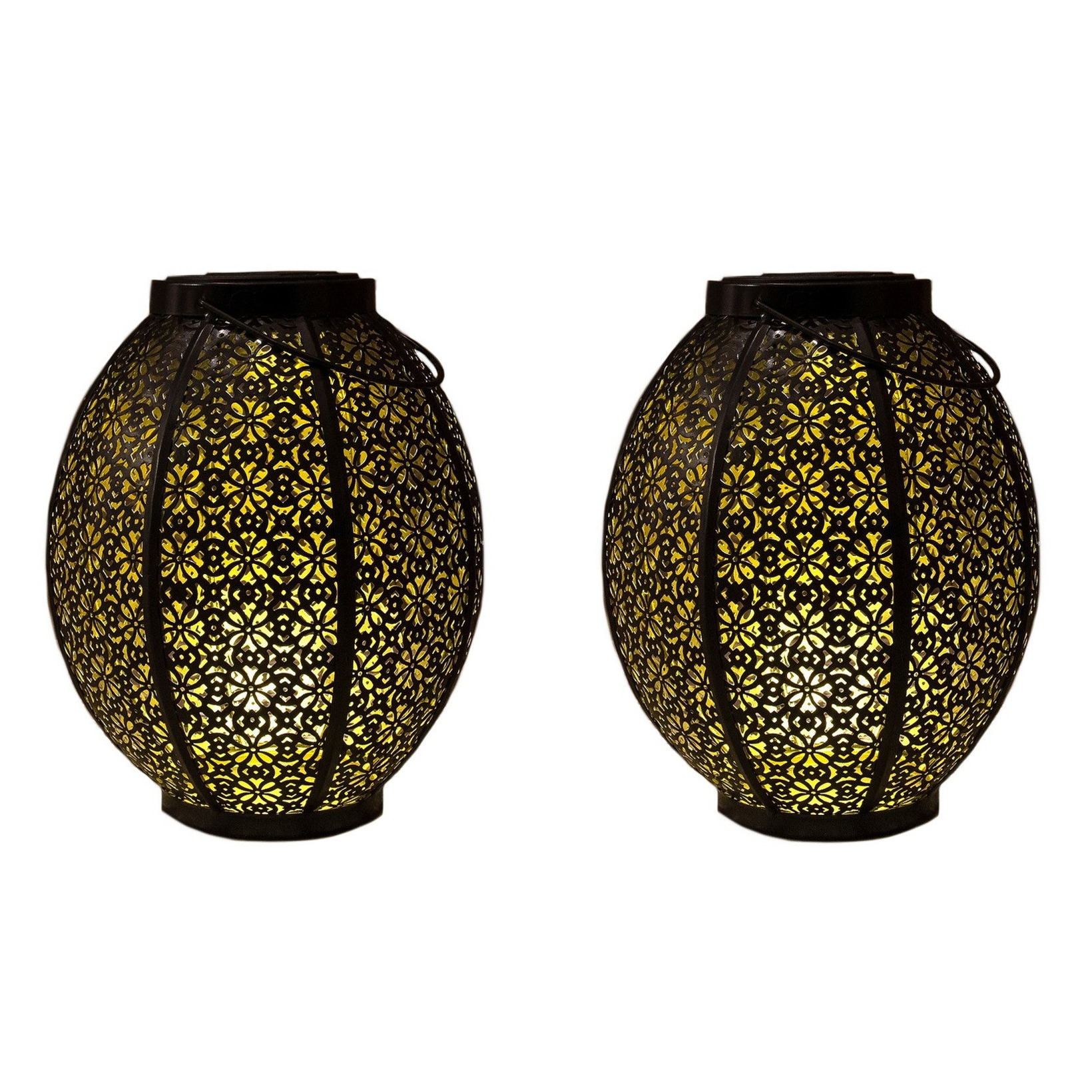 2x stuks tuindecoratie solar lantaarns lampen zwart-goud metaal 23 cm
