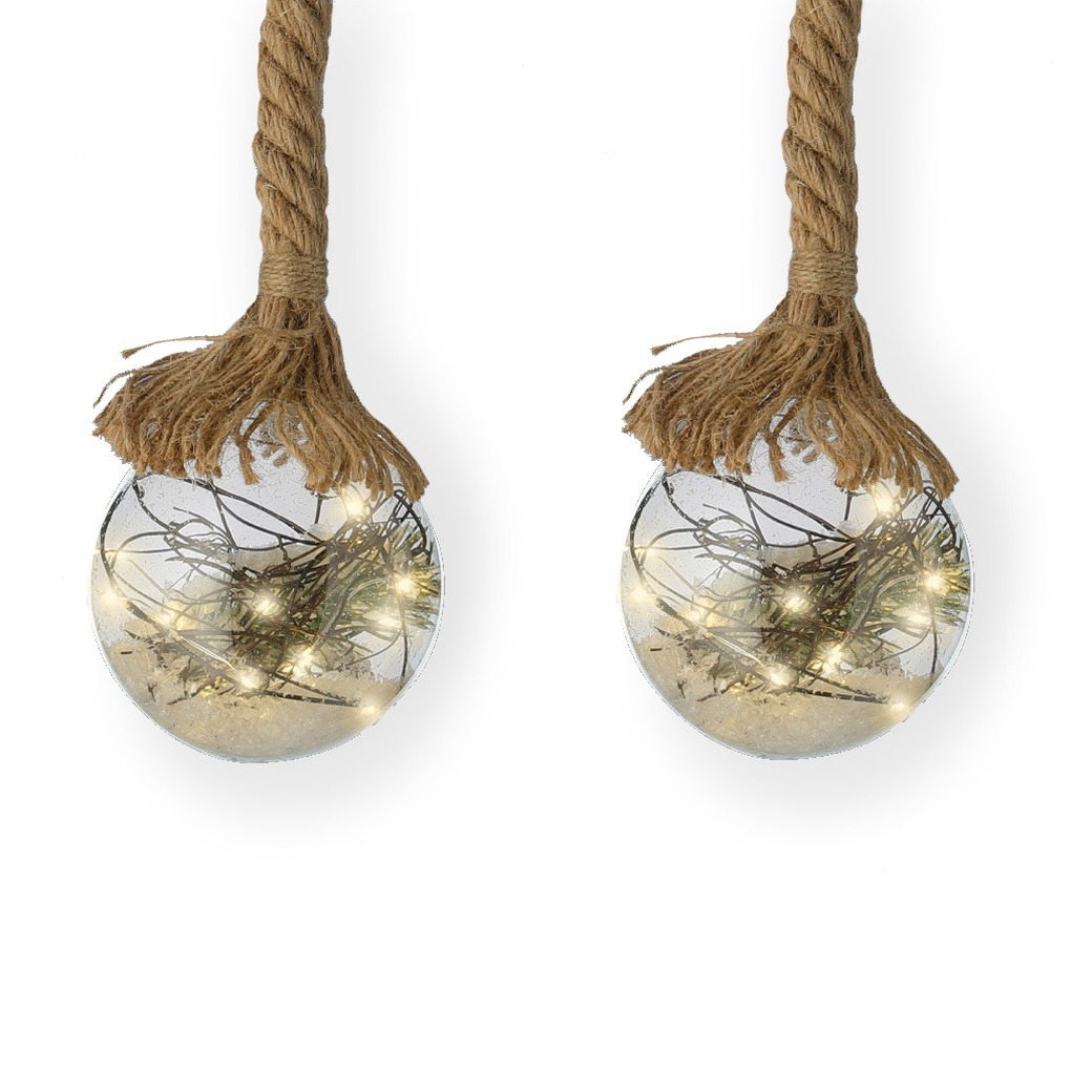 2x stuks verlichte glazen kerstballen aan touw met 30 lampjes zilver-warm wit 14 cm