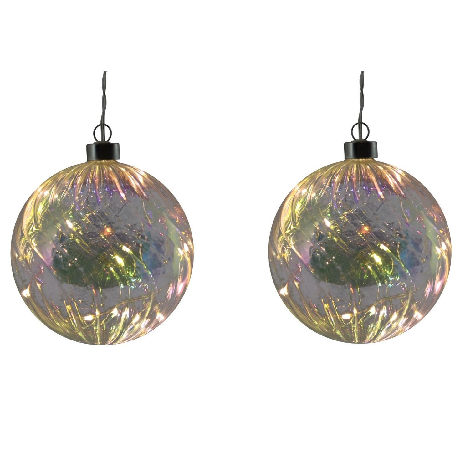 2x stuks verlichte glazen kerstballen met 10 lampjes transparant parelmoer 12 cm