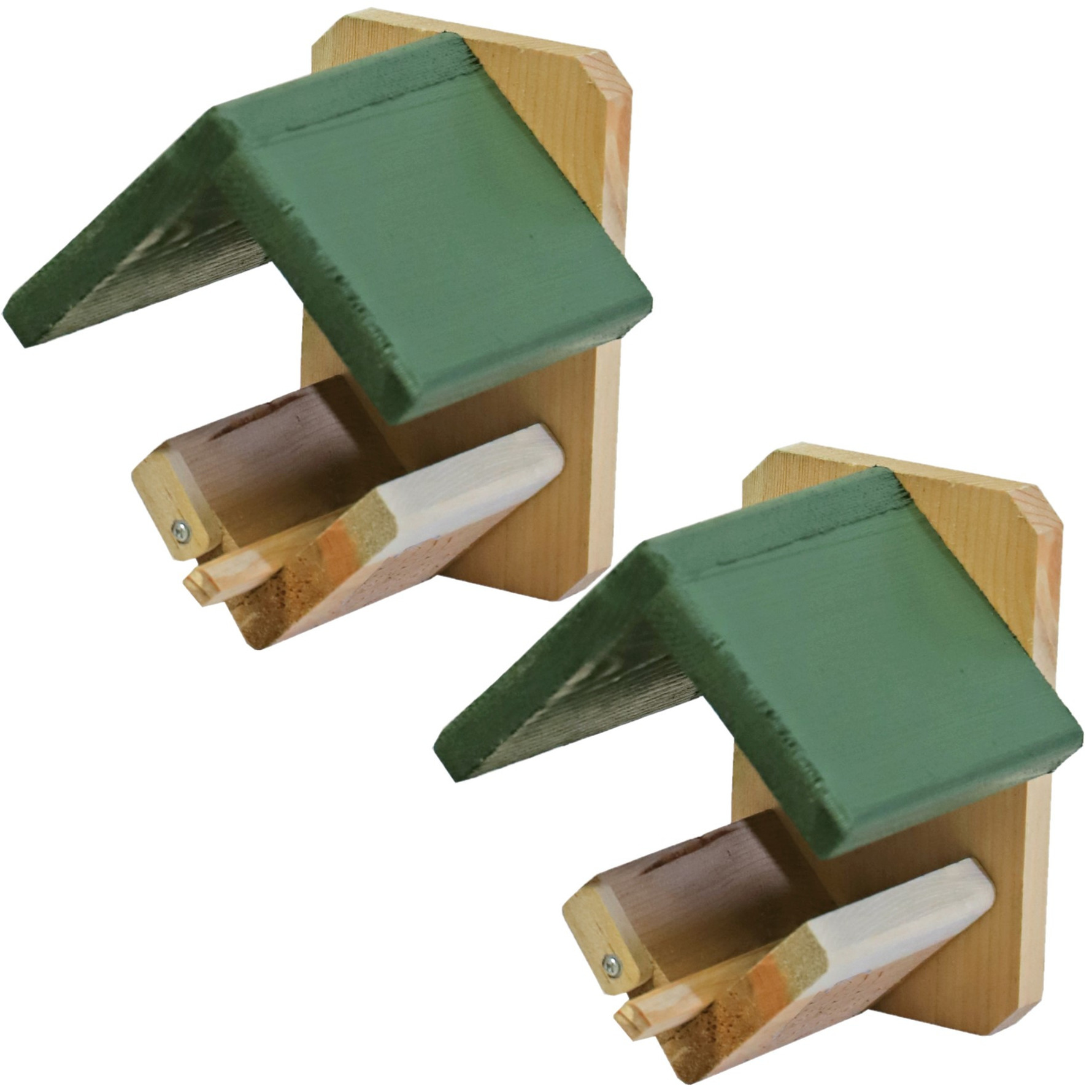 2x stuks vogelhuisje-voederhuisje-pindakaashuisje hout met groen dakje 16 cm