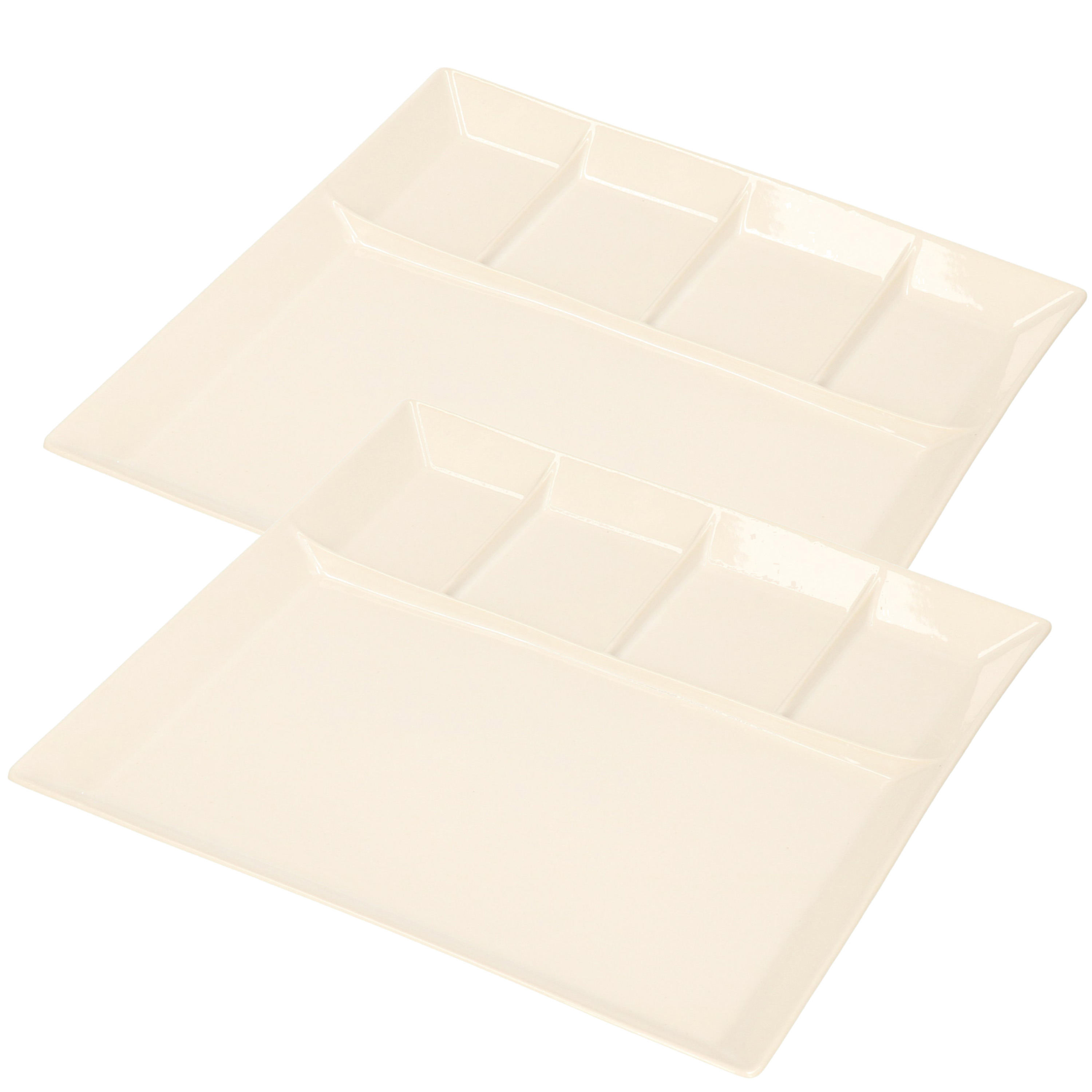 2x stuks wit fondue-gourmet bord 5-vaks vierkant aardewerk 24 cm