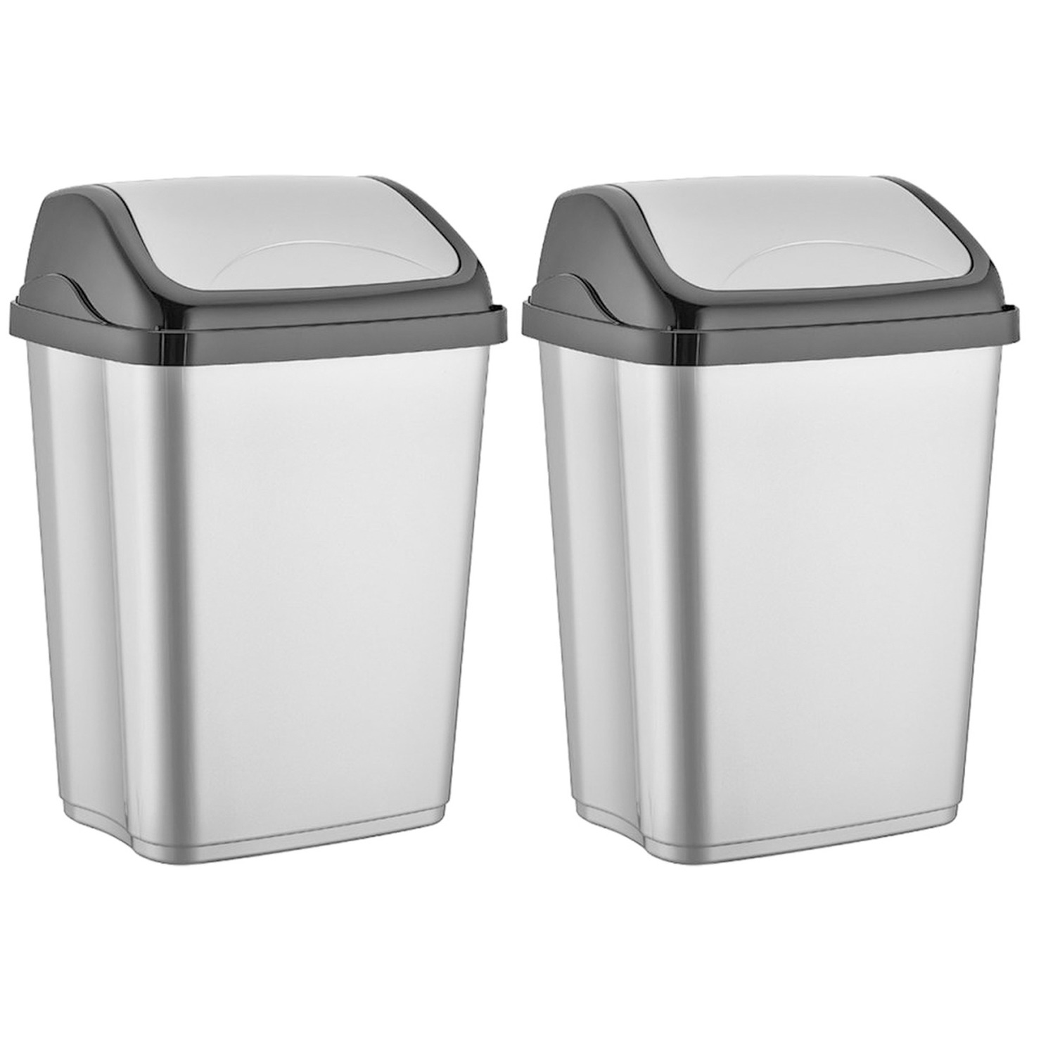 2x stuks zilver-zwarte afvalemmers-vuilnisbakken met deksel 10 liter