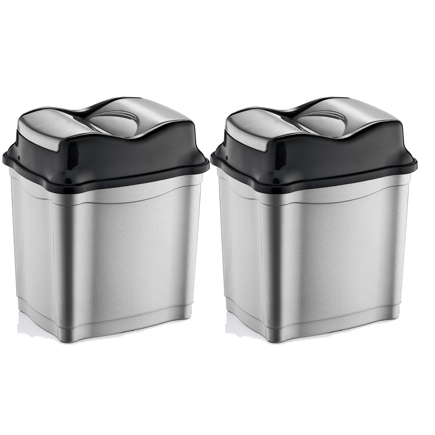 2x stuks zilver-zwarte kunststof vuilnisbakken 50 liter voor op kantoor