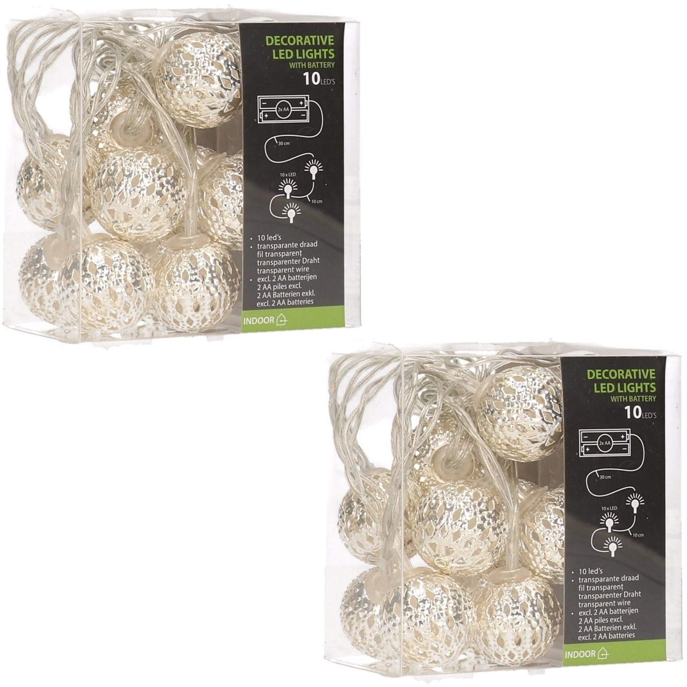 2x stuks zilveren kerstballen slingers met witte led verlichting