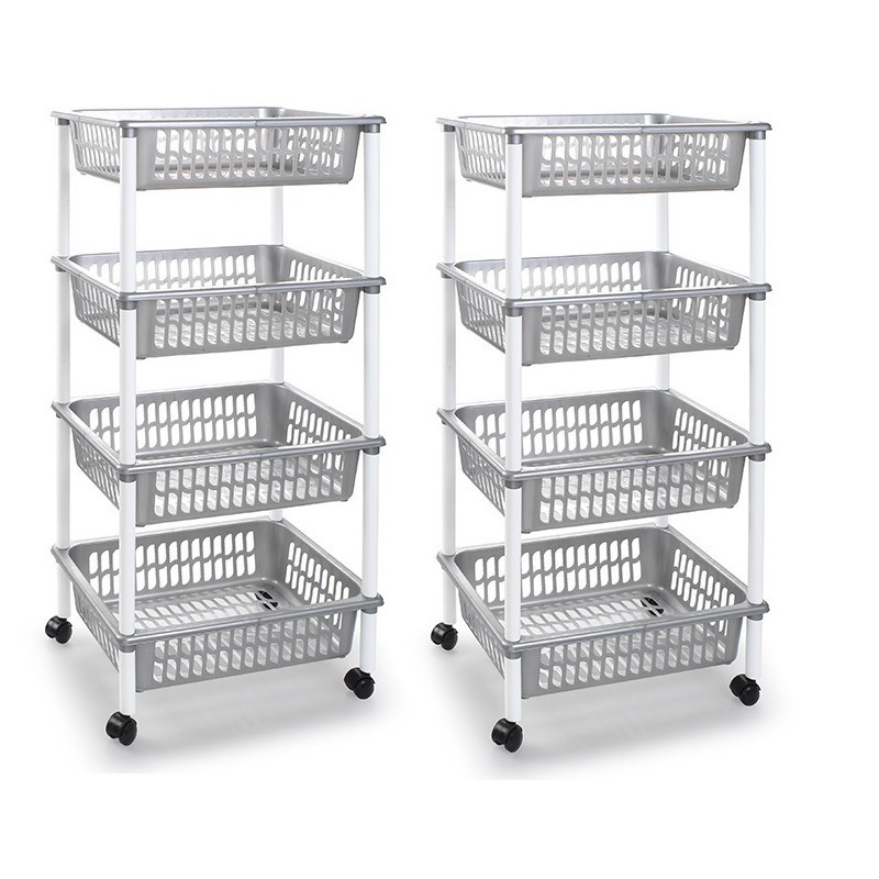 2x stuks zilverkleurige opberg trolleys-roltafels met 4 manden 85 cm