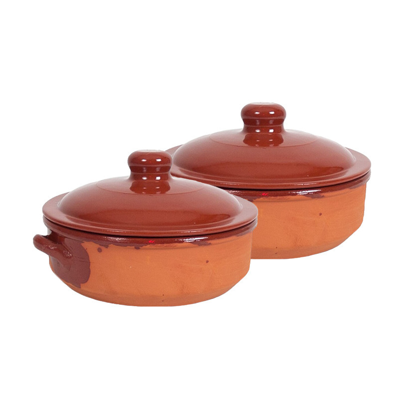2x Terracotta braadpannen-ovenschalen klein met deksel 24 cm