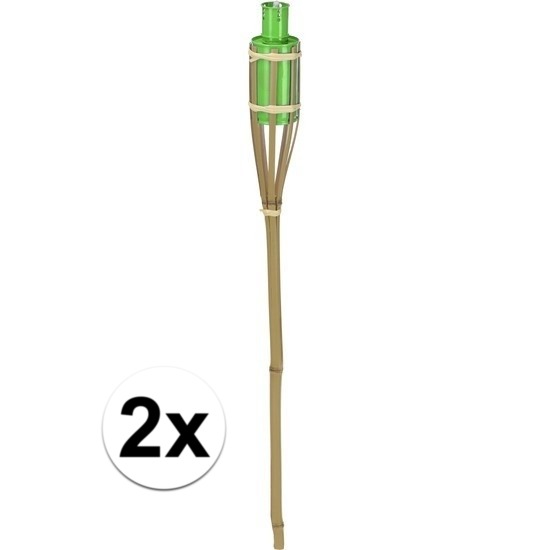 2x Tuin decoratie fakkel bamboe met groene tank 65 cm