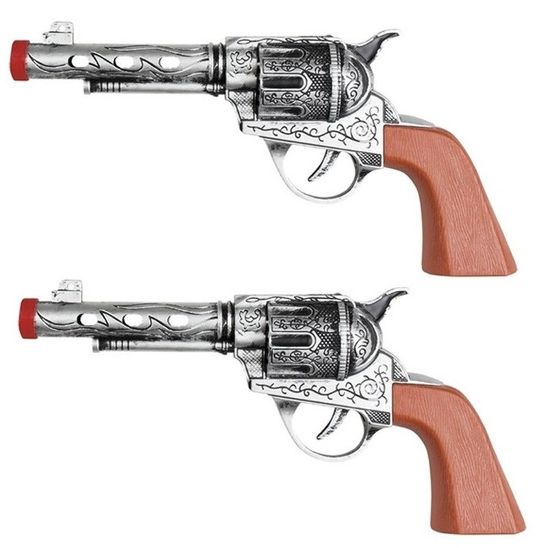 2x Verkleedaccessoire revolver-pistool zilver 20 cm Western thema