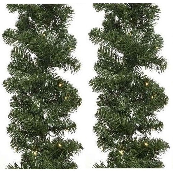 2x Verlichte Kerst guirlande-slinger groen met verlichting 270 cm dennenslinger versiering-decoratie