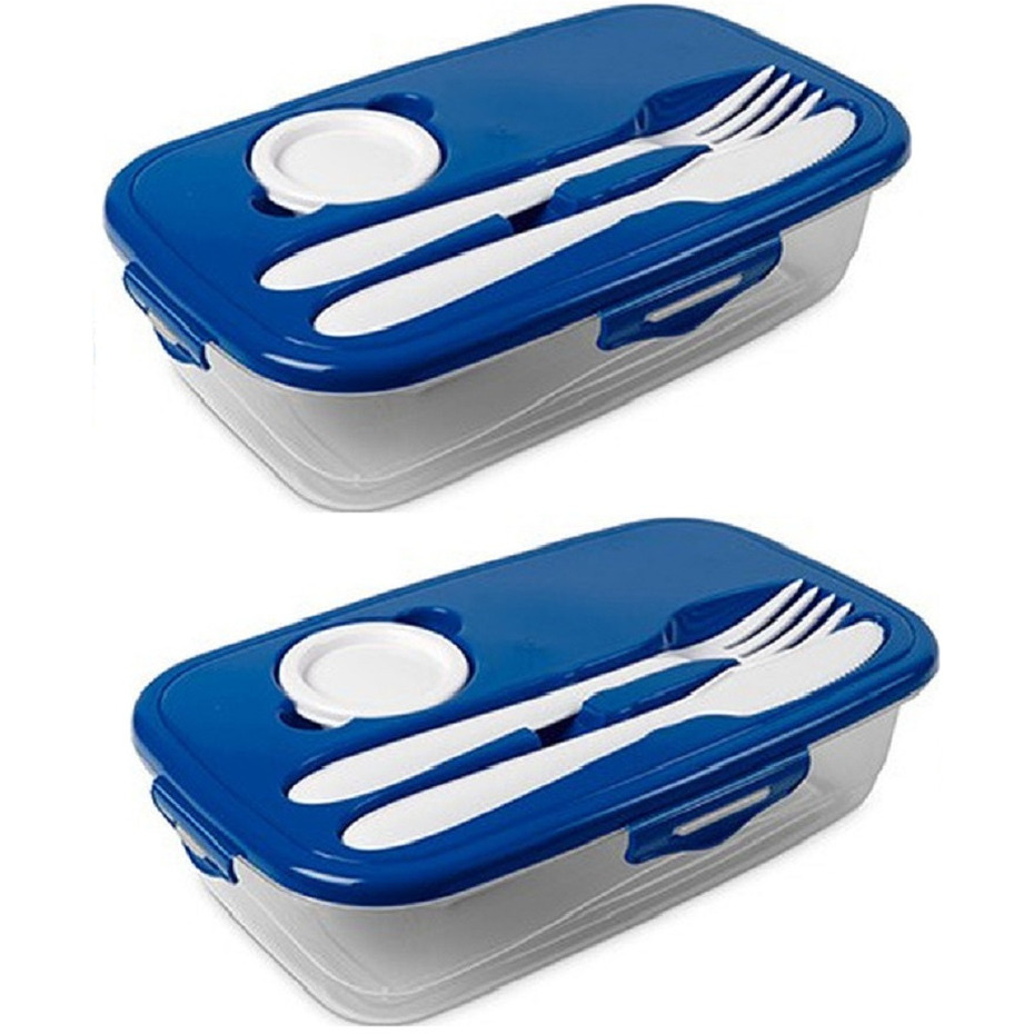 2x Voedsel plastic bewaarbakje 1 liter transparant-blauw met bestek en dressingbakje