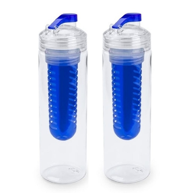 2x Water fles met fruitfilter blauw 700 ml