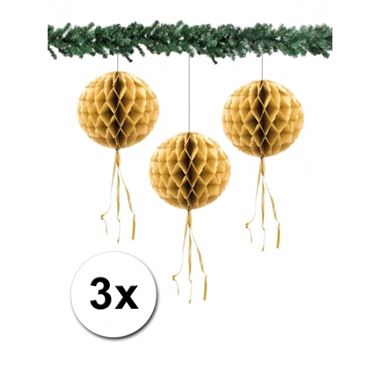 3 honeycomb kerstballen goud 30 cm