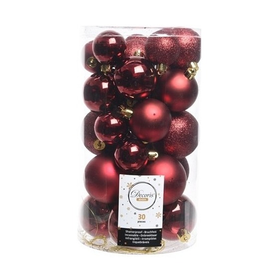 30x Kunststof kerstballen glanzend-mat-glitter donkerrode kerstboom versiering-decoratie