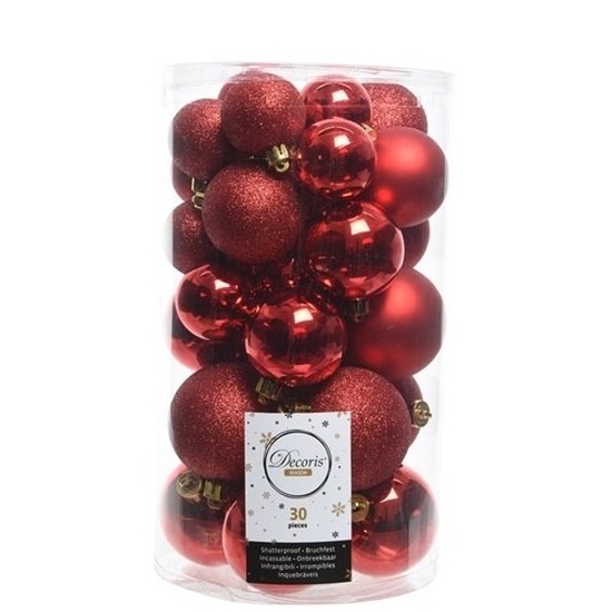 30x Kunststof kerstballen glanzend-mat-glitter rode kerstboom versiering-decoratie