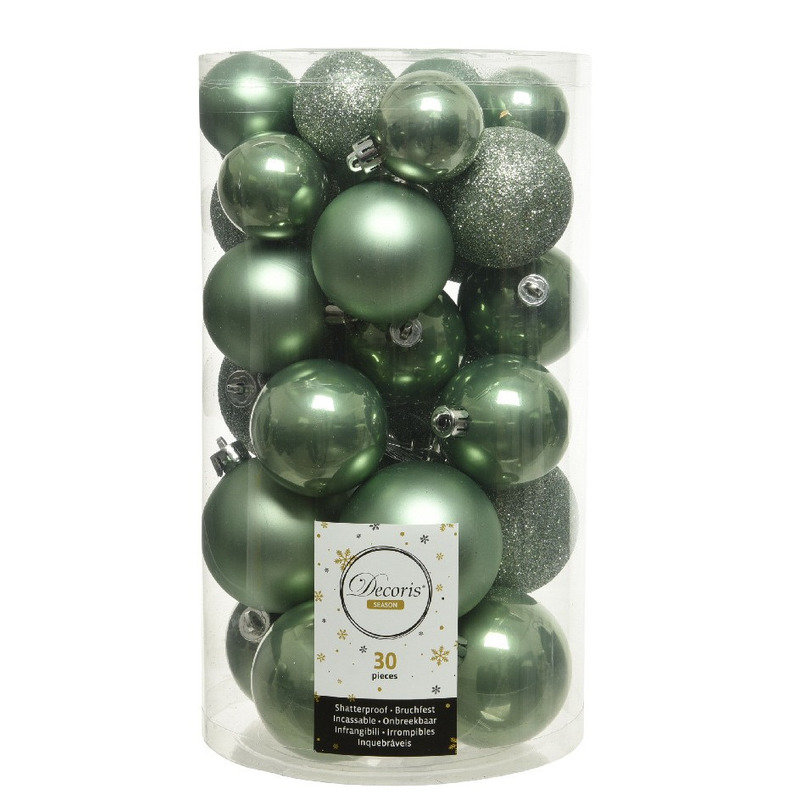 30x Kunststof kerstballen glanzend-mat-glitter salie groen kerstboom versiering-decoratie