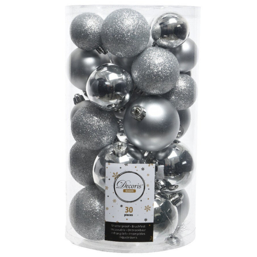 30x Kunststof kerstballen glanzend-mat-glitter zilver kerstboom versiering-decoratie
