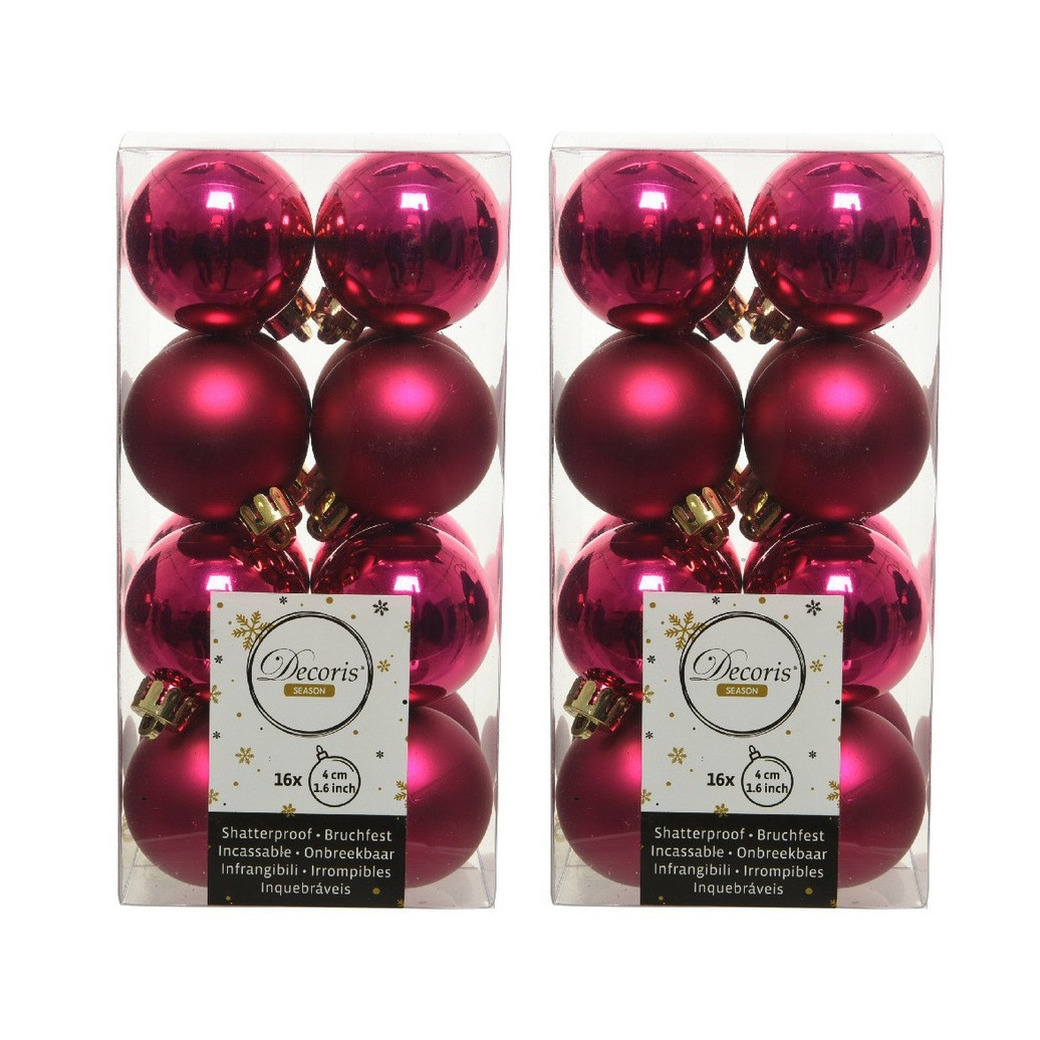 32x Kunststof kerstballen glanzend-mat bessen roze 4 cm kerstboom versiering-decoratie