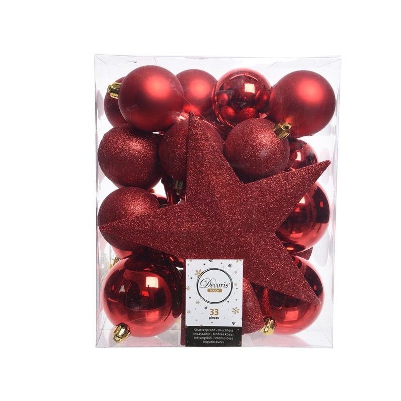 33x Kunststof kerstballen mix rood 5-6-8 cm kerstboom versiering-decoratie