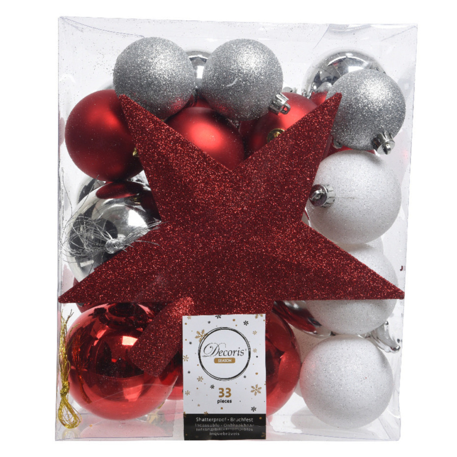 33x Kunststof kerstballen mix zilver-wit-rood 5-6-8 cm kerstboom versiering-decoratie