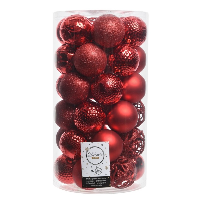 37x Kunststof kerstballen mix kerst rood 6 cm kerstboom versiering-decoratie