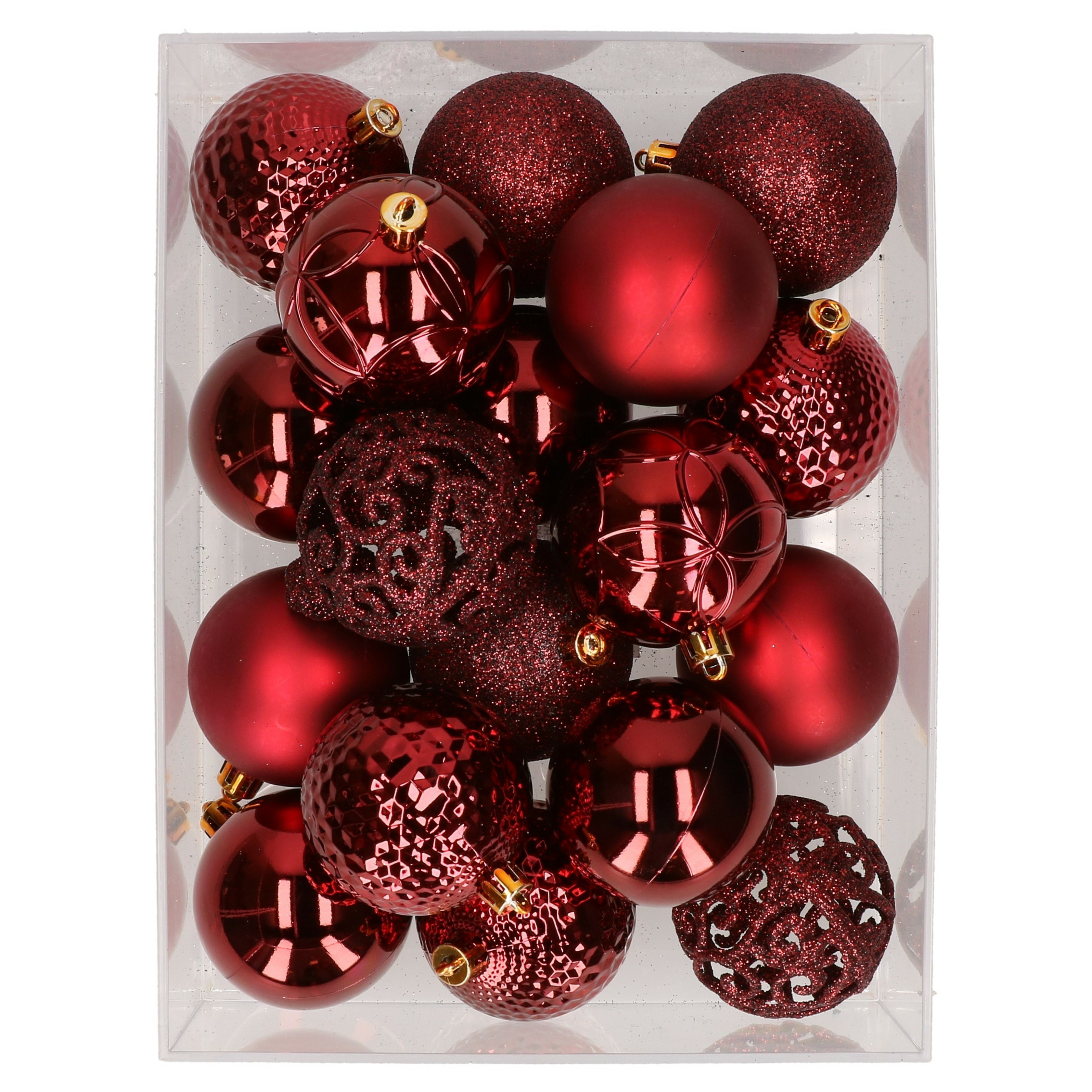 37x stuks kunststof kerstballen bordeaux rood 6 cm glans-mat-glitter mix