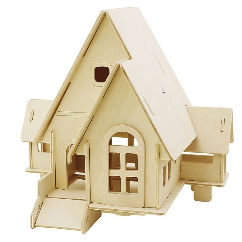 3D houten huis met puntdak constructie set