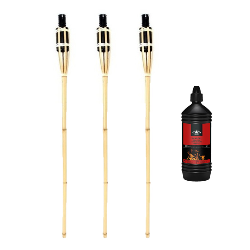3x Bamboe tuinfakkel 90 cm inclusief heldere lampolie-fakkelolie 1 liter
