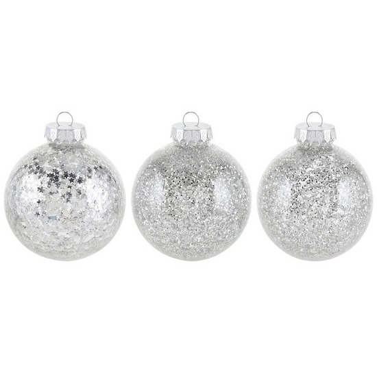 3x Glitter kerstballen zilver 8 cm kunststof kerstboom versiering-decoratie
