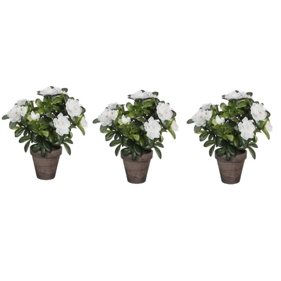 3x Groene Azalea kunstplanten met witte bloemen 27 cm met pot stan grey