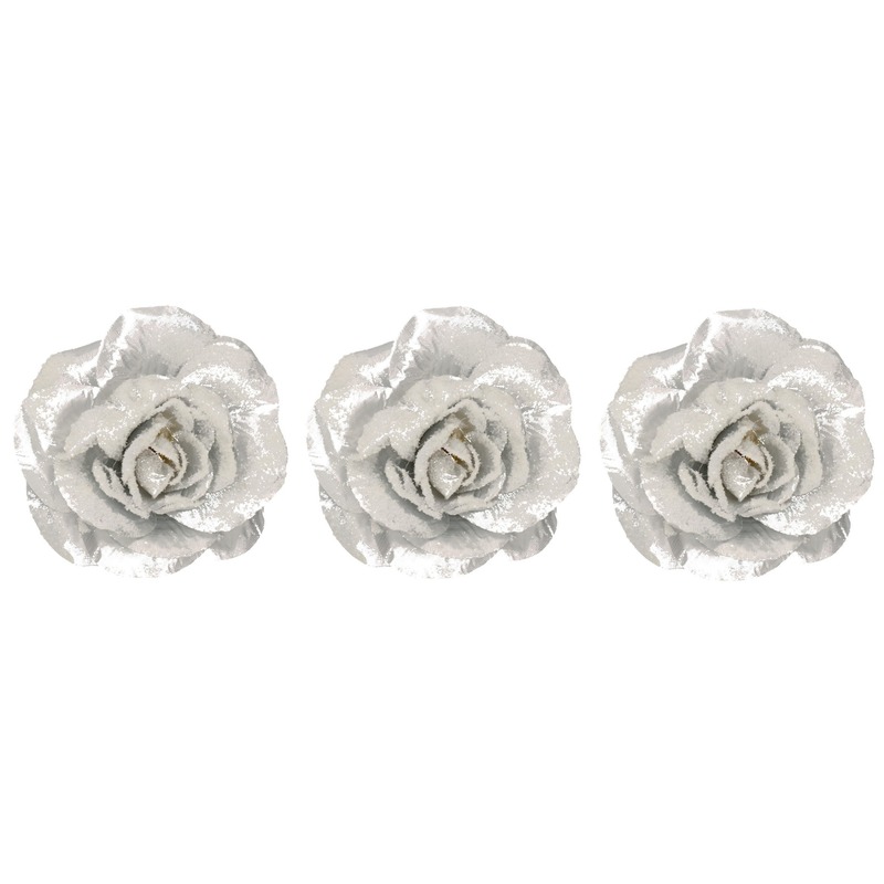 3x Kerst hangdecoratie op clip zilver bloempje-roosje 12 cm