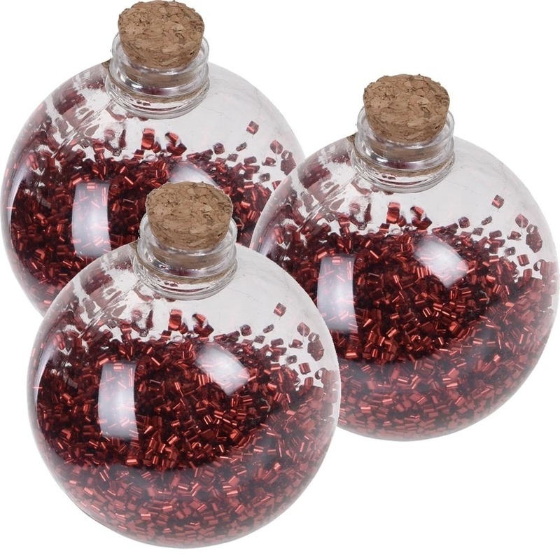 3x Kerstballen transparant-rood 8 cm met rode glitters kunststof kerstboom versiering-decoratie