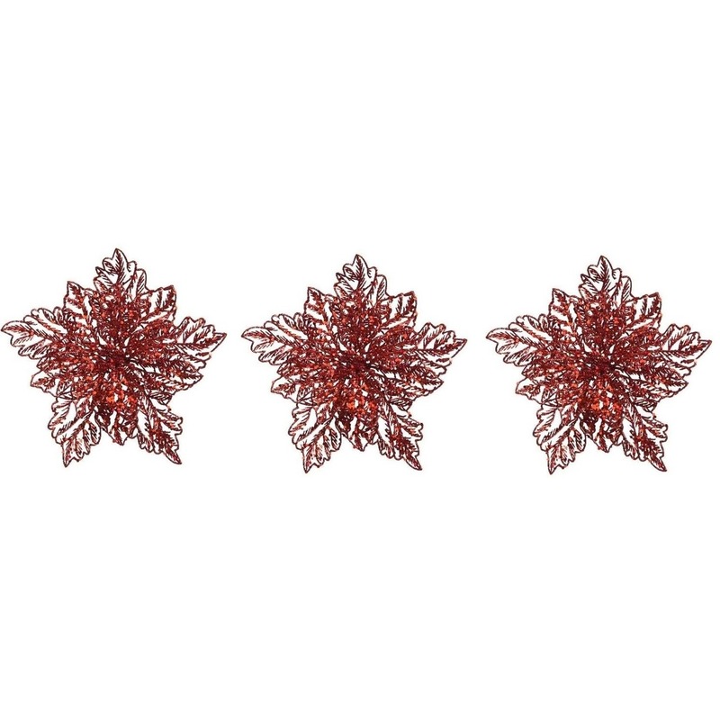 3x Kerstversieringen glitter kerstster rood op clip 23 x 10 cm