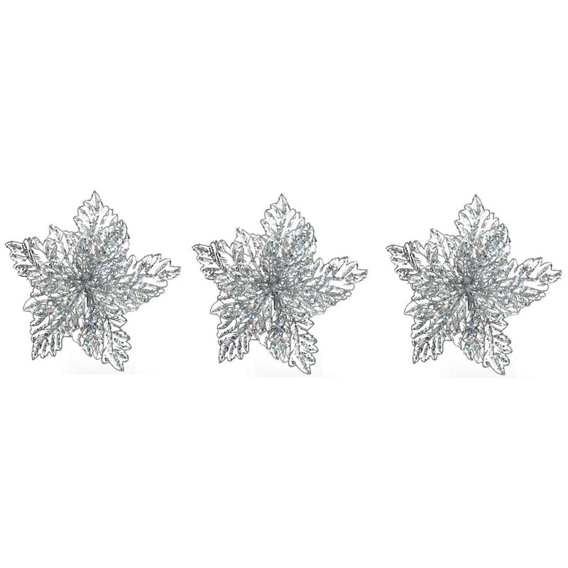 3x Kerstversieringen glitter kerstster zilver op clip 23 x 10 cm