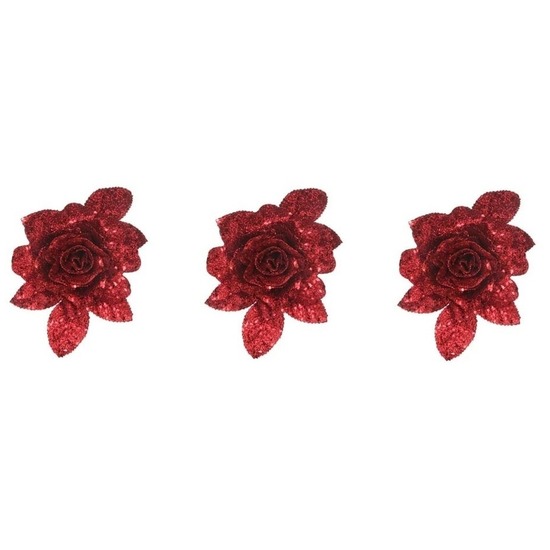 3x Kerstversieringen glitter roos rood op clip 15 cm