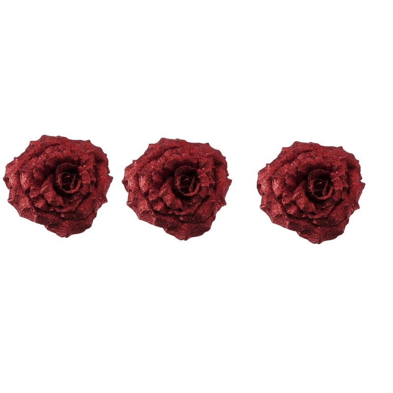 3x Kerstversieringen glitter roos rood op clip 18 cm