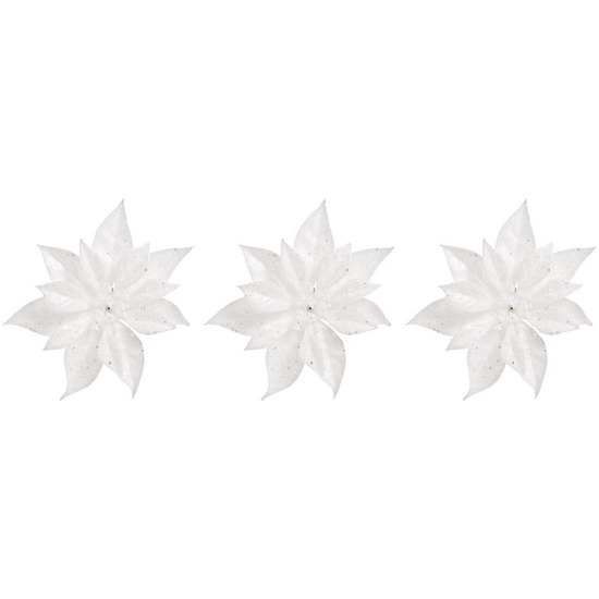 3x Kerstversieringen kerststerren bloemen wit op clip