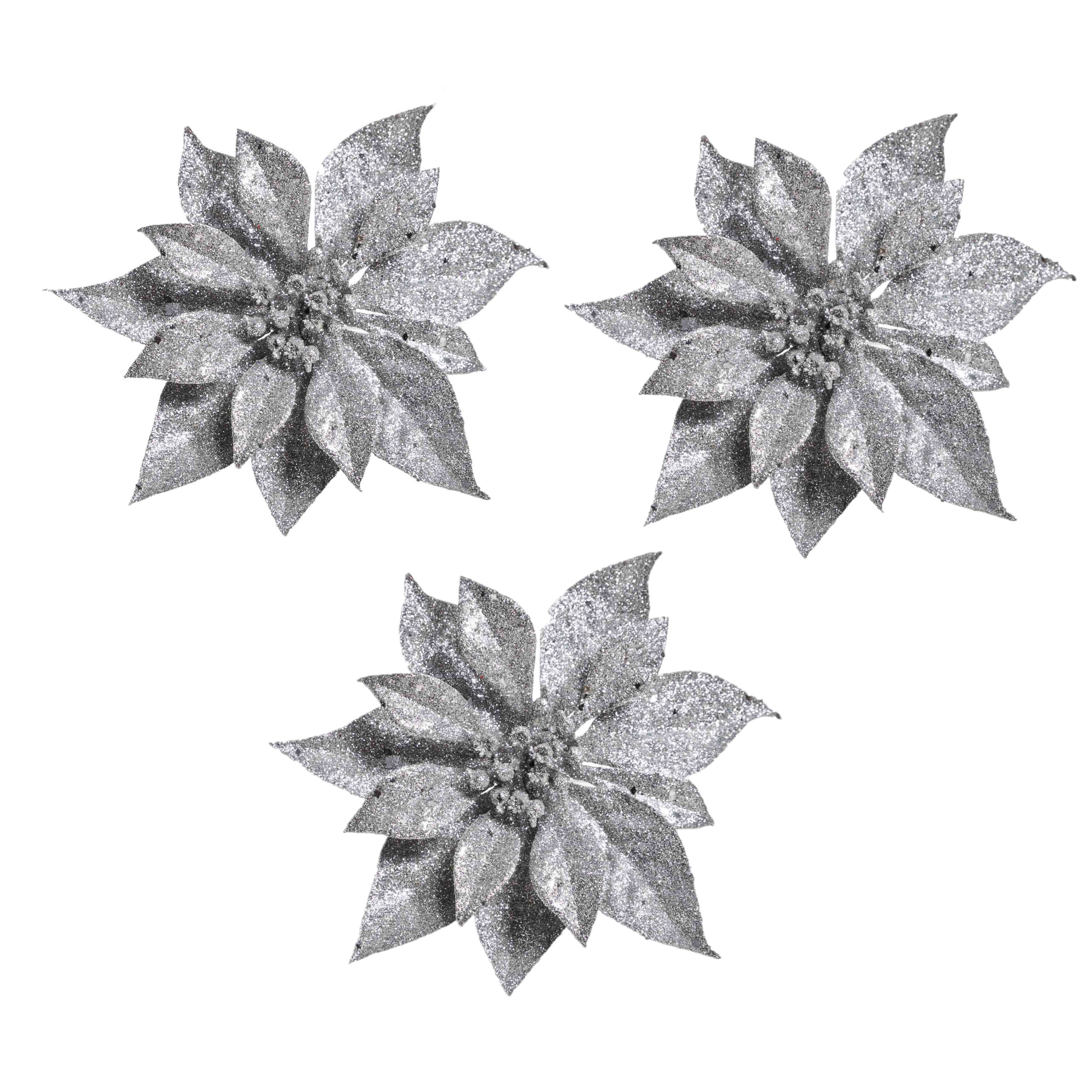 3x Kerstversieringen kerststerren bloemen zilver op clip