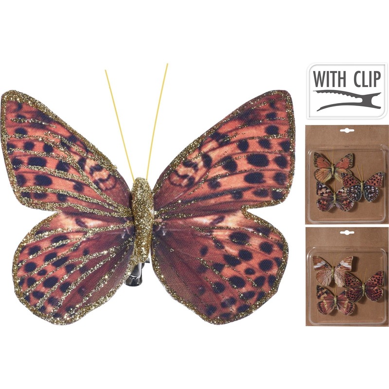 3x Kerstversieringen vlinders op clip rood-bruin-goud 10 cm