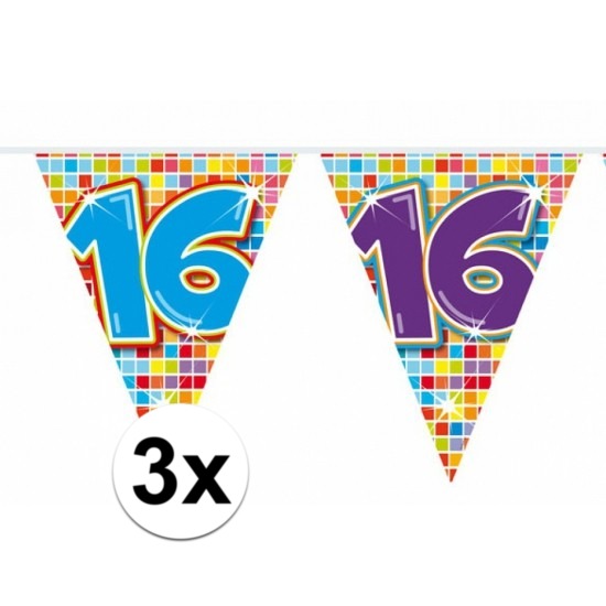 3x Mini vlaggetjeslijn slingers verjaardag versiering 16 jaar