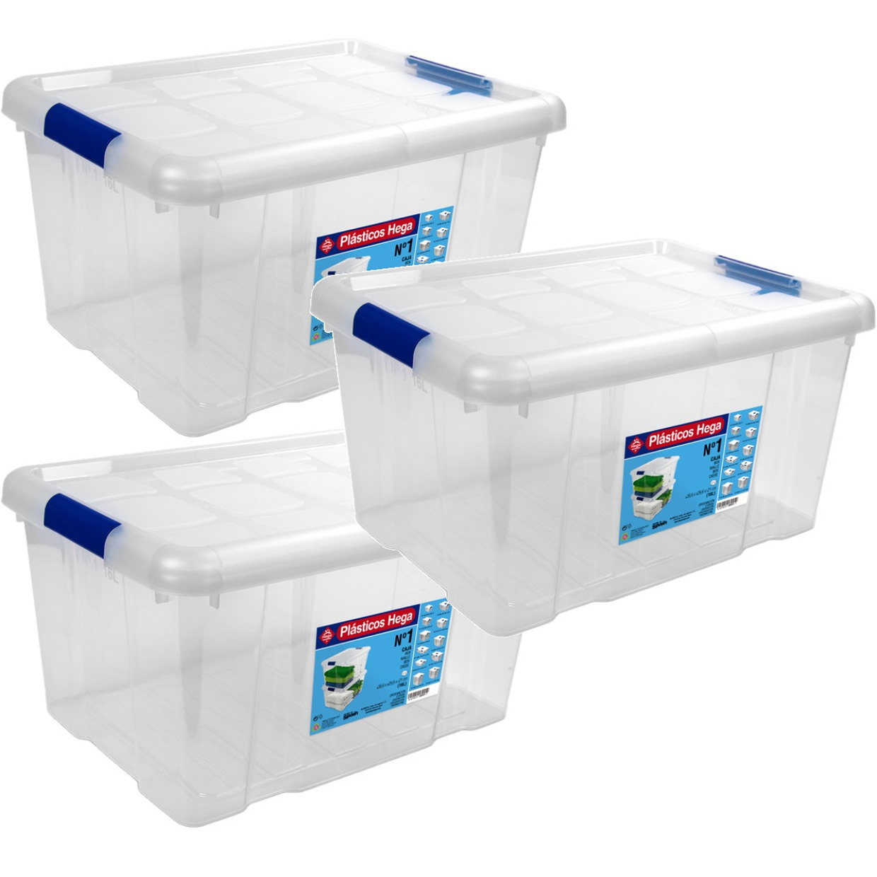 3x Opbergboxen-opbergdozen met deksel 16 liter kunststof transparant-blauw