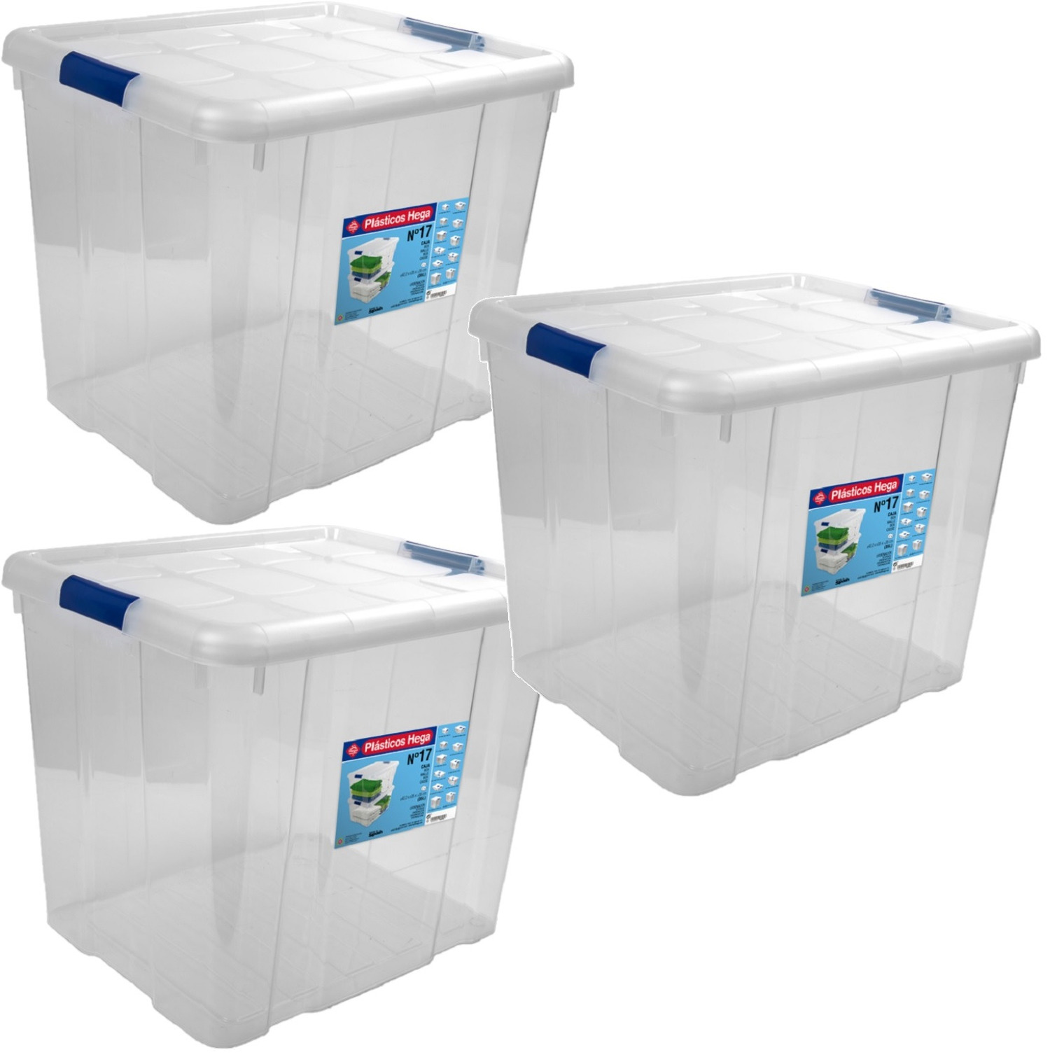 3x Opbergboxen-opbergdozen met deksel 35 liter kunststof transparant-blauw