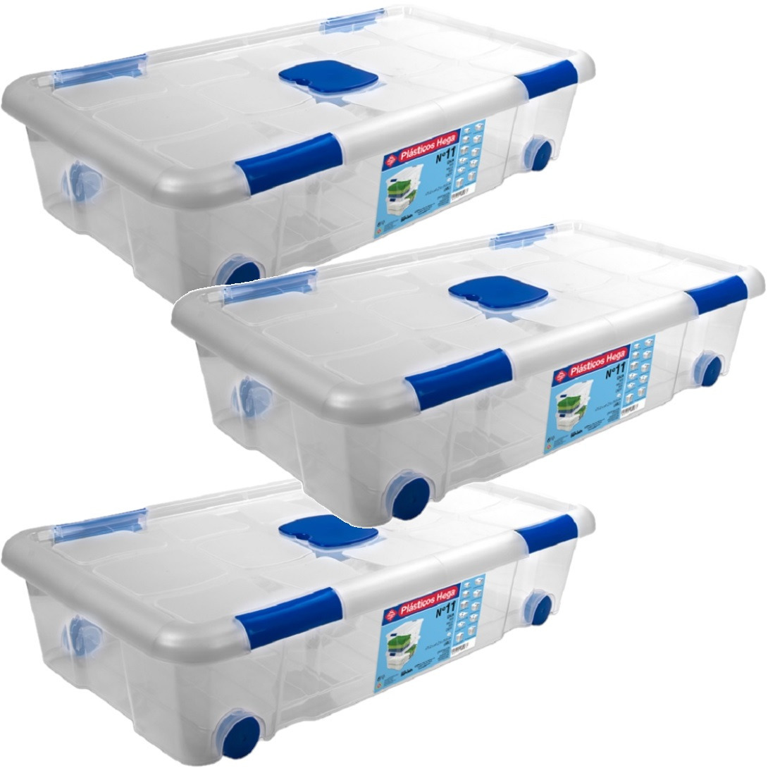 3x Opbergboxen-opbergdozen met deksel en wieltjes 30 liter kunststof transparant-blauw