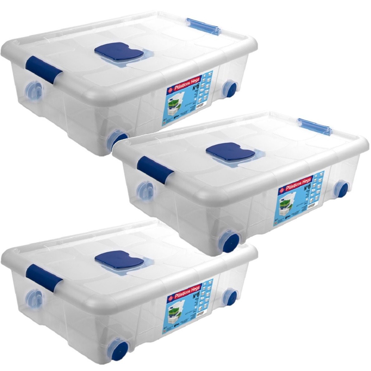 3x Opbergboxen-opbergdozen met deksel en wieltjes 31 liter kunststof transparant-blauw