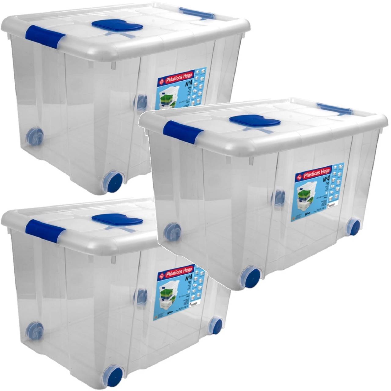 3x Opbergboxen-opbergdozen met deksel en wieltjes 55 liter kunststof transparant-blauw