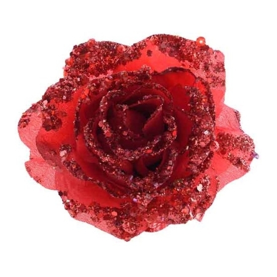 3x Rode glitter rozen met clip